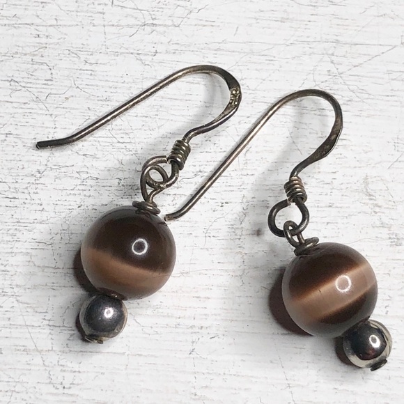 Tiger Eye Ball Sterling Dangling Earrings - Picture 1 of 4